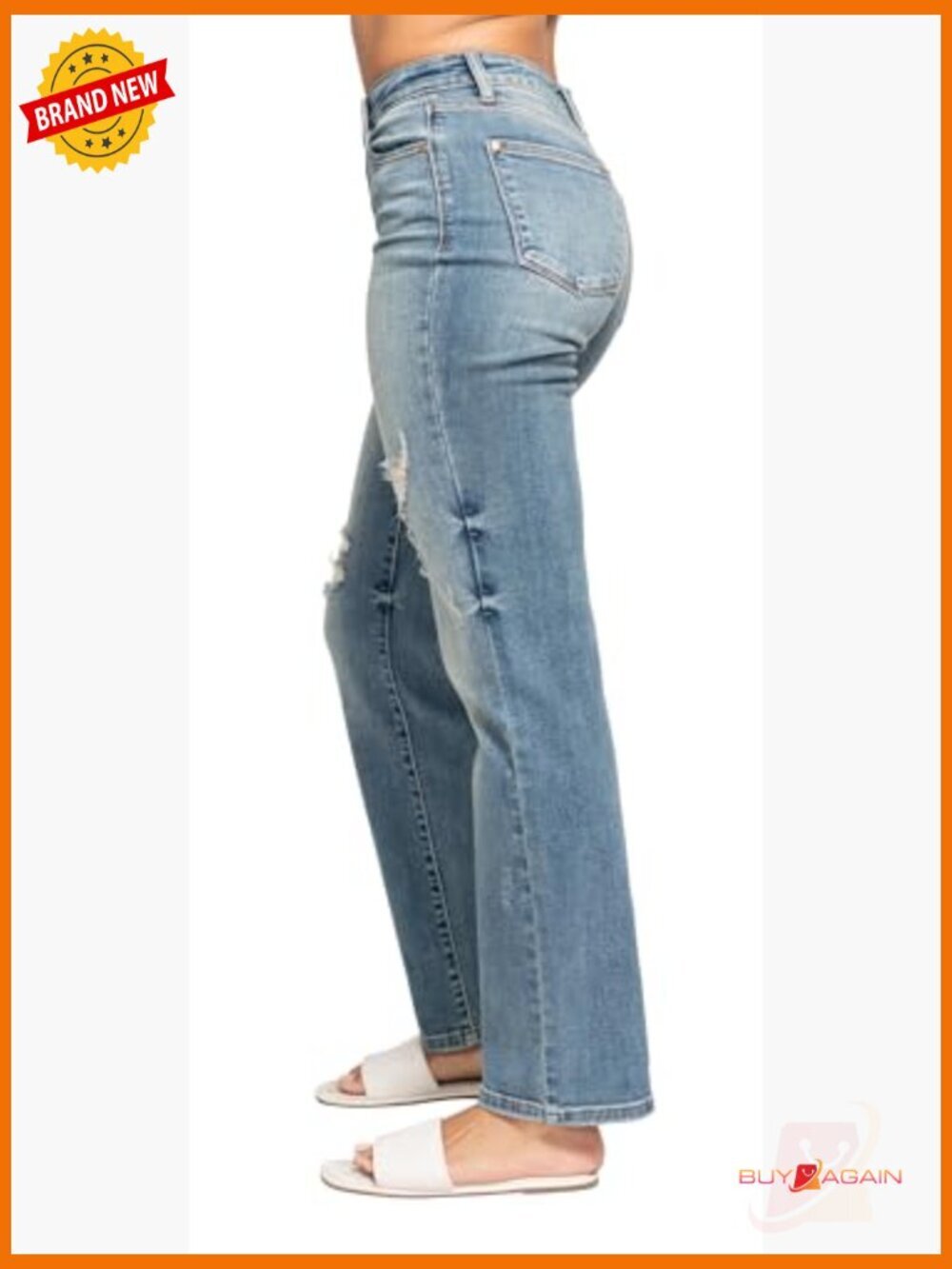 High waisted straight jeans with destroyed detail - Picture 3 of 5